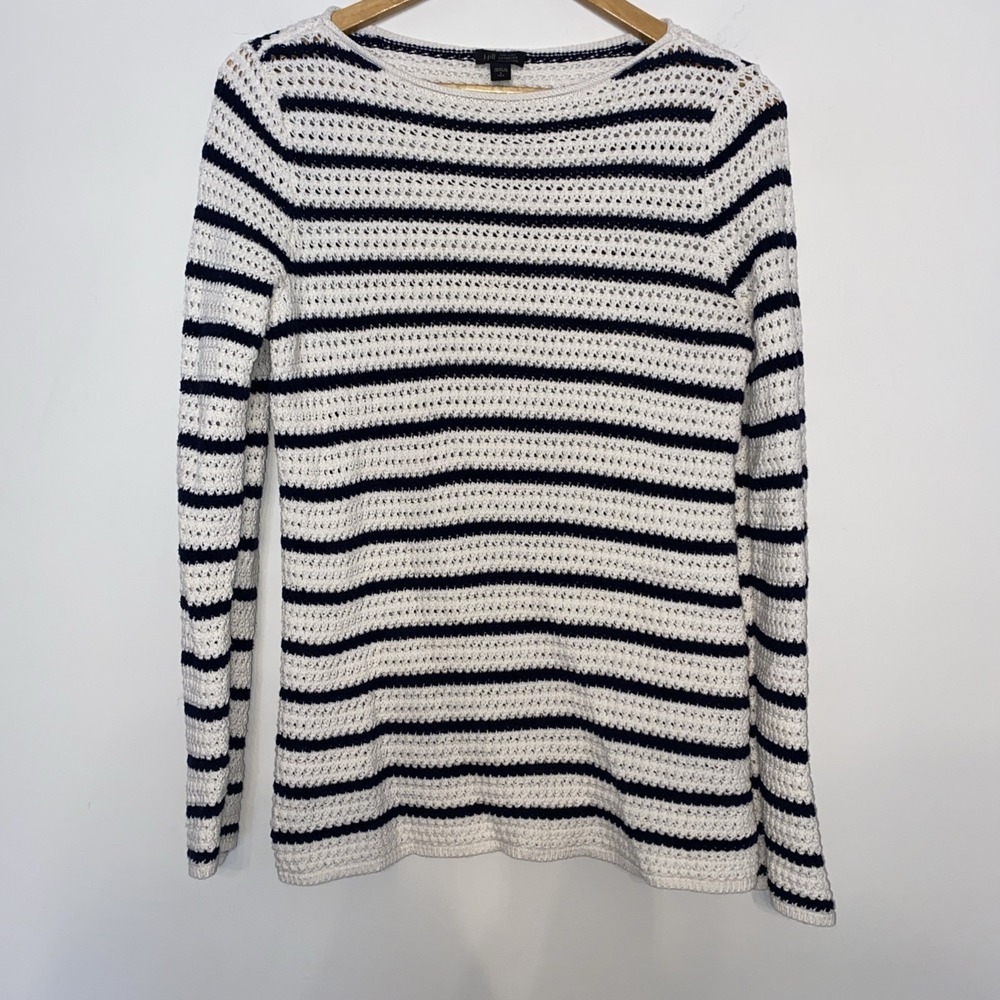 J.Jill Wearever Open Knit Striped Sweater Tall Small Navy Cream Nautical Crochet